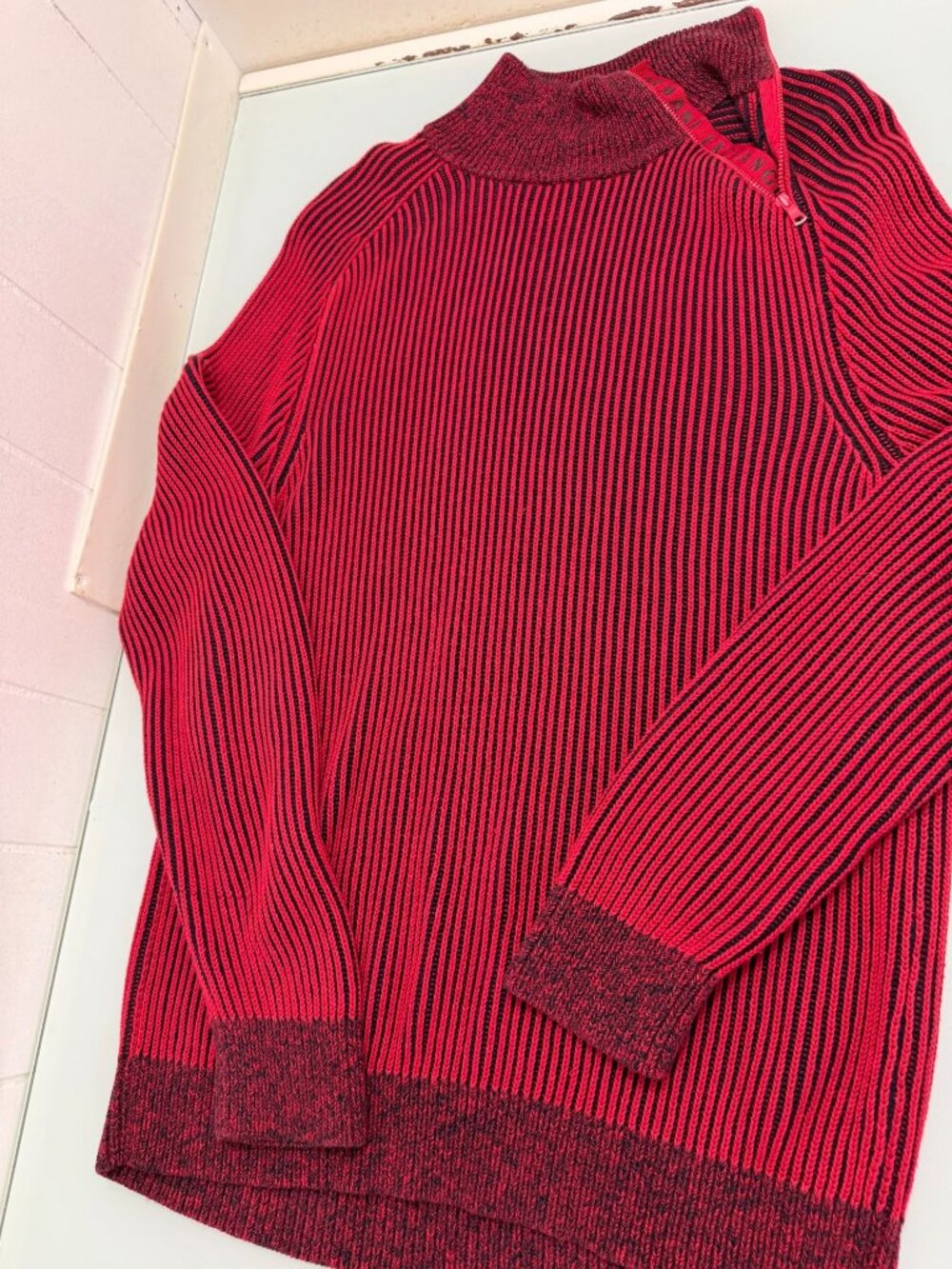 Armani Exchange A/X Ribbed Sweater Mens Large L Mock Neck Zipper Pullover Red